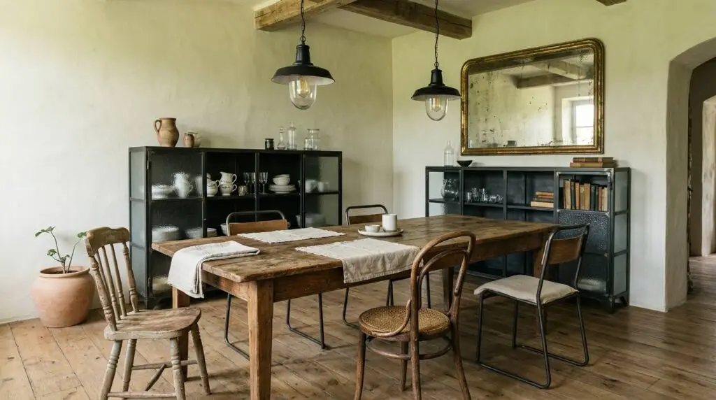 Brocante combineren met industriële meubels, verweerd hout en metaal