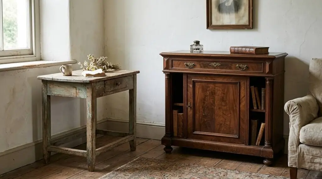 Brocante vs antiek zichtbaar in twee oude meubels met verschillende uitstraling