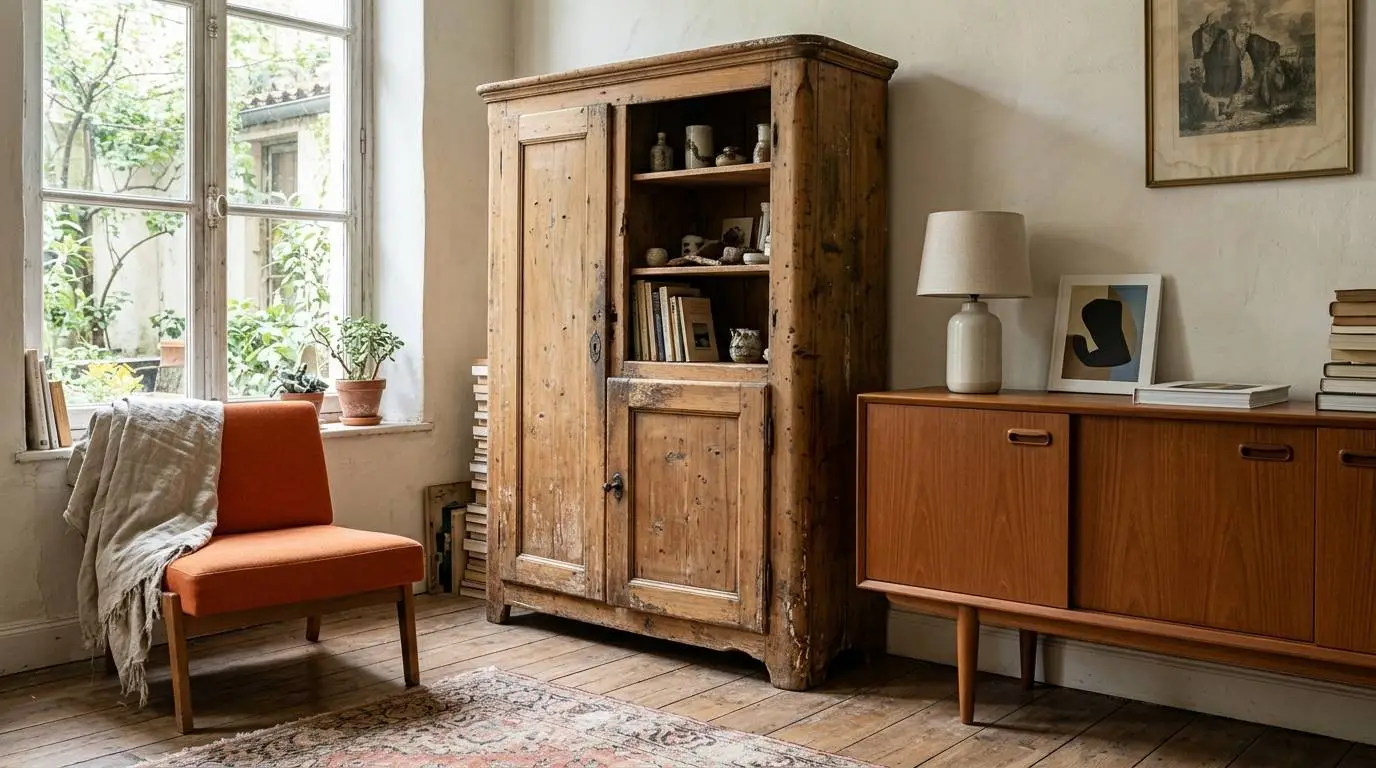 Brocante vs retro met een authentiek oud meubel en een nieuwer retro ontwerp