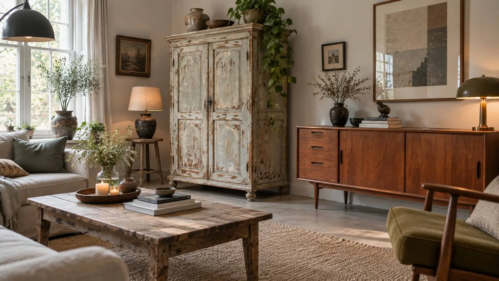 Brocante vs vintage met een verweerde brocante kast en vintage teak dressoir