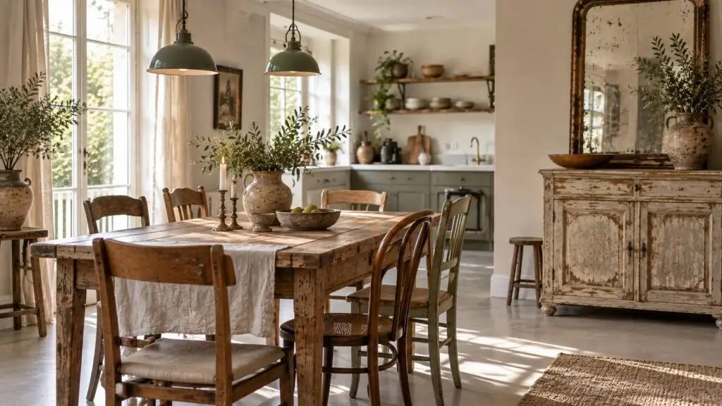Brocante woonstijl in een lichte eetkamer met oude meubels en natuurlijke materialen