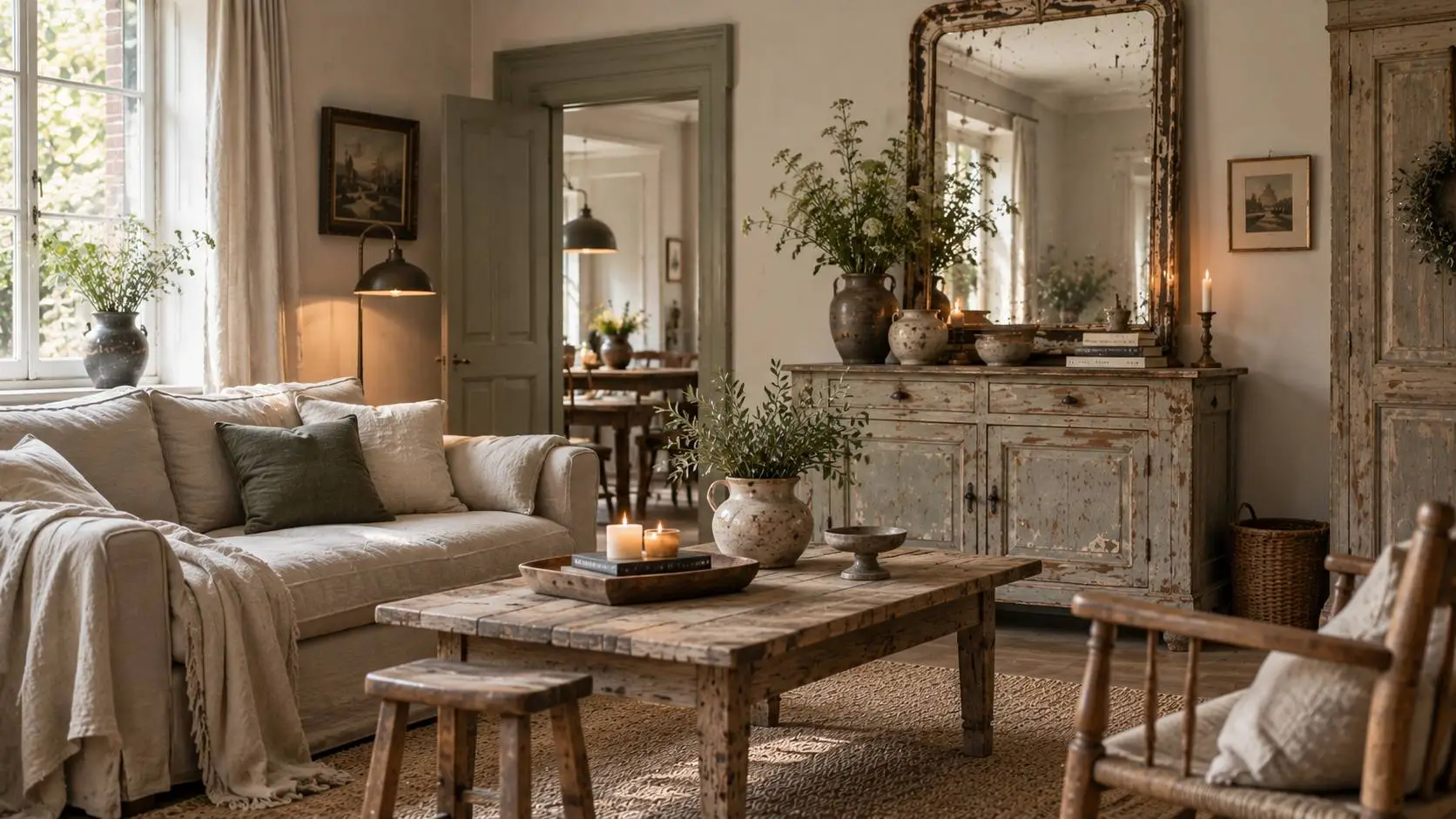 Brocante woonstijl met verweerd hout, linnen, keramiek en zachte kleuren