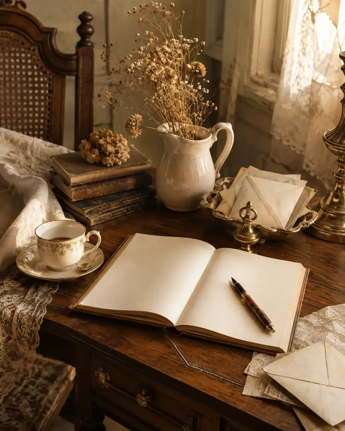 Sfeervolle brocante schrijftafel met open notitieboek, enveloppen, droogbloemen, antieke boeken en vintage servies in warme bruintinten