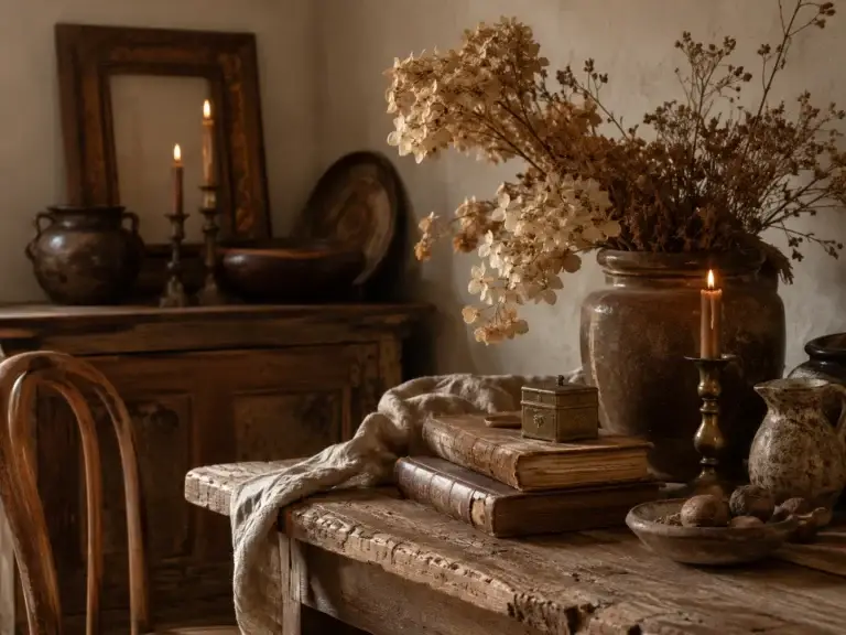 Sfeervol brocante interieur met oude boeken, keramiek, droogbloemen en vintage decoratie in warme bruintinten.