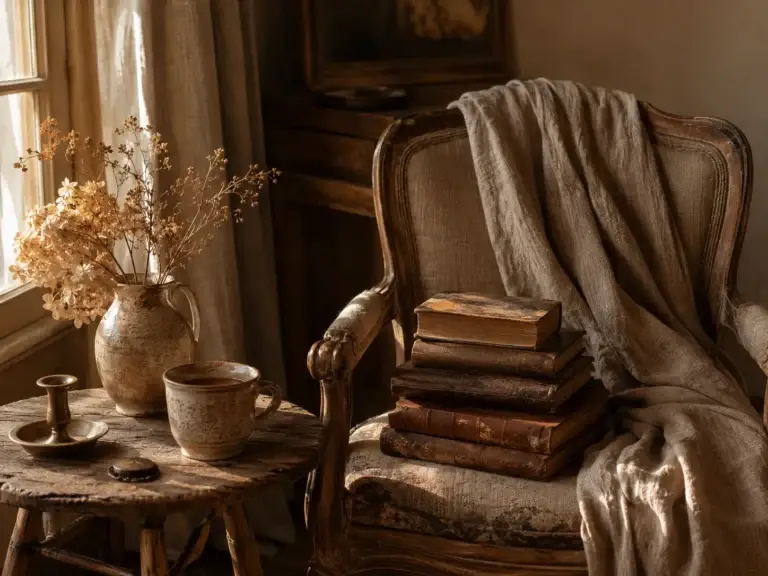 Gezellige leeshoek met antieke stoel, vintage boeken, keramiek en droogbloemen in een warme brocante sfeer.