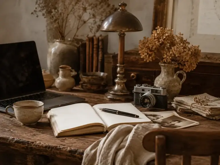 Rustieke werkplek met laptop, notitieboek, vintage camera, keramiek en droogbloemen voor Brocante Blog.