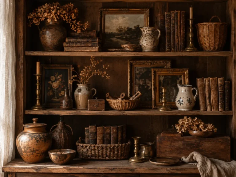 Houten kast gevuld met antieke boeken, lijsten, kandelaars, keramiek en andere karaktervolle brocante vondsten.