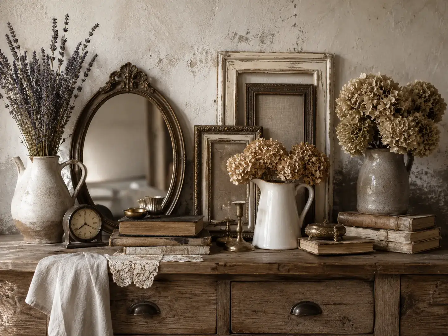 Stijlvolle verzameling brocante decoratie met antieke spiegels, lijsten, keramiek, boeken en droogbloemen