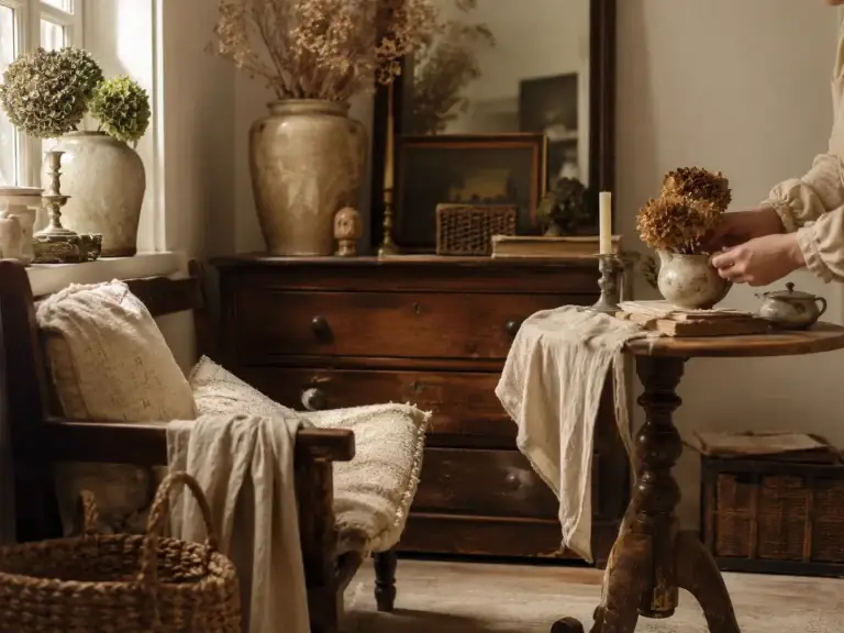 Gezellige brocante interieurhoek met houten meubels, natuurlijke stoffen, droogbloemen en zorgvuldig geselecteerde vintage decoratie