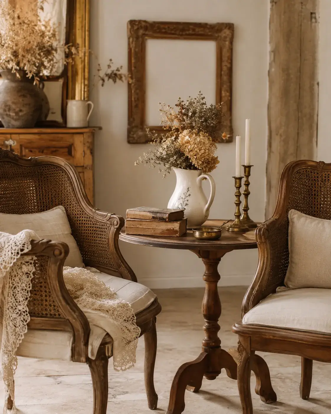 Sfeervol brocante interieur met twee vintage stoelen, antieke tafel, droogbloemen, boeken en decoratie in warme bruintinten