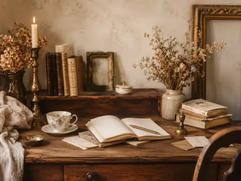 Sfeervolle brocante schrijftafel met open notitieboek, antieke boeken, kaars, droogbloemen en vintage servies in warme bruintinten
