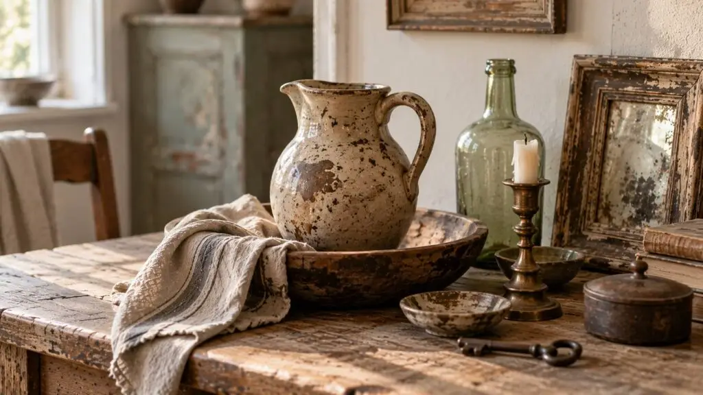 Brocante voorwerpen met authentieke patina, verweerd hout, keramiek en oud glas