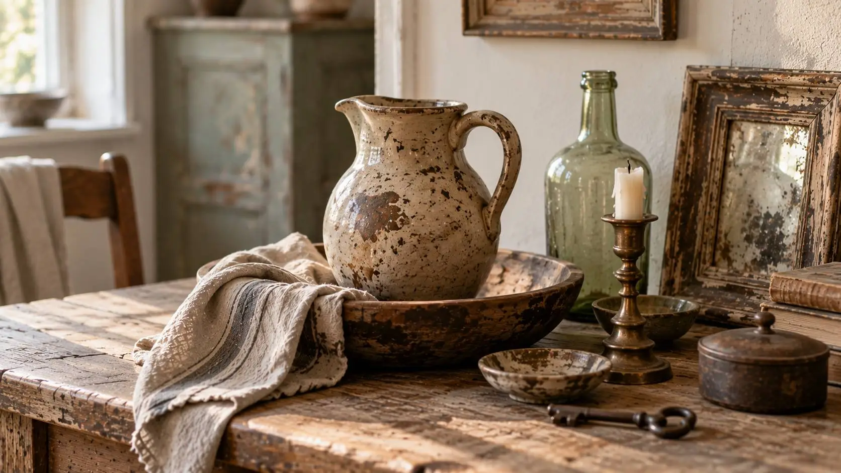 Brocante voorwerpen met authentieke patina, verweerd hout, keramiek en oud glas