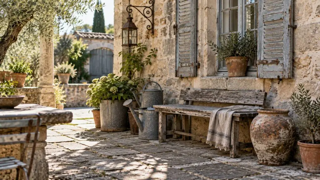 Wat is brocante in de Franse stijl met verweerd hout, zink en oud aardewerk
