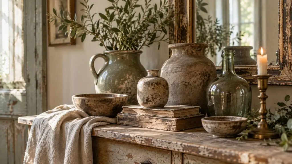 Brocante woonstijl met zachte kleuren, natuurlijk linnen, hout en keramiek